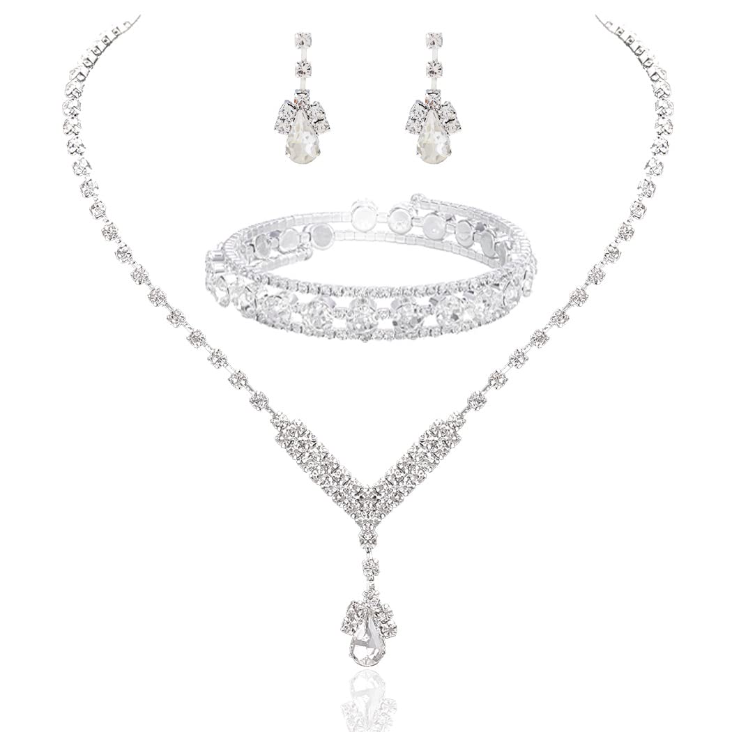 CoxivaWomen Necklace and Earrings Set Teardrop Pendant Silver Claw Chain Rhinestone Bridal Sets for Wedding Dating Valentine's Day Thanksgiving Day Mother's Day Birthday Gift（4pieces）, Metal, crystal
