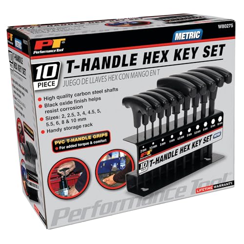 Image of Performance Tool W80275 10-Piece Metric T-Handle Allen Wrench Set, Long Arm Hex Key Wrench Set