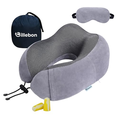 Billebon Neck Pillow for Travel – Comfortable Memory Foam Support, U-Shape Ergonomic Design, Portable for Flight Journeys, Lightweight Compact Build, Soft Washable Cover (Grey with Eye Mask)