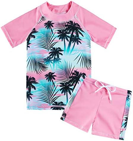 2 Piece Swimsuit for Little Girls 3D Print Hawaiian Style Rash Guard Set Cute Palm Tree UV 50+ Sun Protection Bikini Swimwear 4-5T