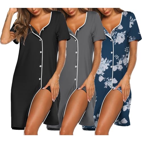 Image of Ekouaer Nightgowns for Women 3 Pack Sleep Shirts Button Down Pajama Dress Short Sleeve Nightshirt Sleepwear Nightdress