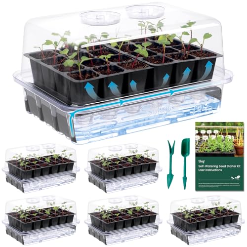 SOLIGT Self Watering Seed Starter Trays with Humidity Domes Extra Thick Plastic Seed Starter kit for Seed Starting Plant Germination & Seedling Growing 6 Pack 144 Cells