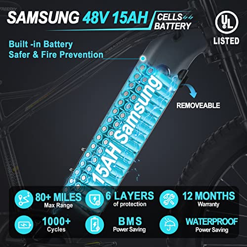 Electric Bike, Freesky 750W Electric Bike For Adults Bafang Motor 48V 15Ah Samsung Cell Battery Ebike, Fat Tire Electric Bicycles, 28Mph 35-80Miles Electric Mountain Bike, Shimano 7-Speed Ul Certified #TOP2