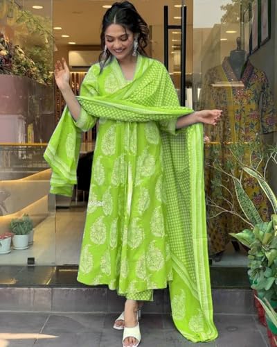 Image of PARTHVI Women's Rayon Blend Anarkali Printed Kurta with Pant & Dupatta & Dupatta