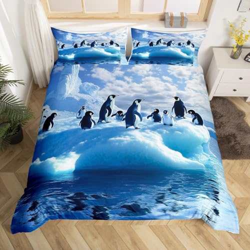 Homewish Housse de Couette 140x200 Enfant Pingouins, Parure de Lit Enfant Glacier Neige, Sets de Housses de Couettes Garçons Filles Nuage Ciel Bleu Animaux...
