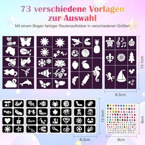 Glitzer Tattoo Set Kinder Tattoo Stifte Kinder Hautfreundlich 10 Farben Hautstifte mit Schablonen & Aufkleber Geschenk für Mädchen 3-8 Jahre Geeignet für Geburtstag Kindertag geschenk Halloween Party