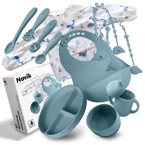 Navik | Juego vajilla bebe de silicona 12 piezas | Incluye plato ventosa dividido | vaso aprendizaje | cuchara | cuenco ventosa | +6 meses | azul ártico