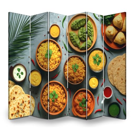 Room Divider Panel Folding Privacy Screen Indian Food Indian Cuisine Dishes top View Wood Partition Wall Panels Freestanding Screen Dividers for Room Separation