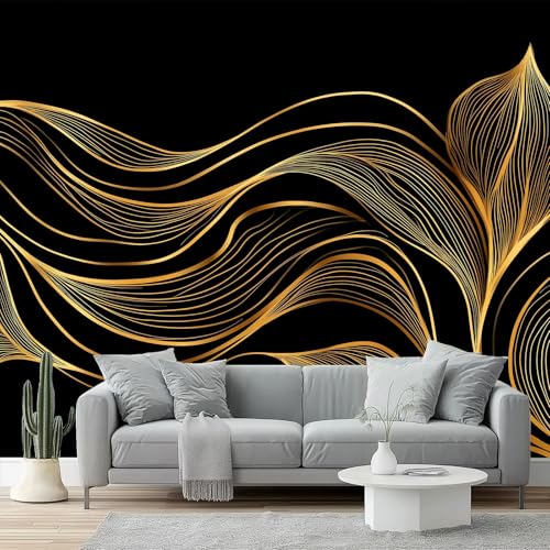 Papel pintado tejido no tejido TNT Minimalismo Line Art Calidad Galería – Fotomural 250 x 175(WxH) Negro y dorado, papel pintado para salón y dormitorio decoración, cubre imperfecciones de la pared