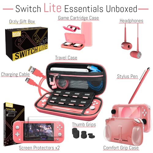 Orzly Accessories Bundle Compatible for use with Nintendo Switch Lite - Protective Case & Screen Protector, USB Cable, Games Holder, Grip Case, Headphones, Thumb-Grip Pack & More (Coral)