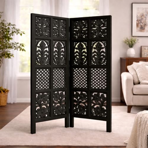 Image of Wooden Room Divider | MDF Privacy Screen Partition | Freestanding Folding Floor Panel | Decorative Carved Handicraft Separator for Living Room, Bedroom & Office (Black, 5 feet 2 Panels)