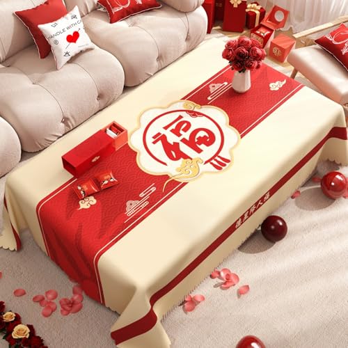 Surwin Mantel Hule Mesa, Manteles de PVC Rectangular, Impresión Roja de la Suerte Mantel Antimanchas, Manteles Mesa Impermeable, Ropa Mesa Camilla Lavable para Fiestas, Decoración (Beige 4,90x140cm)