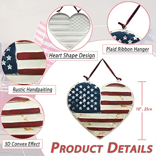 Picfarce Metal Us Flag Sign, 10" Rustic Heart Flag Distressed American Flag Love Heart Shape Wall Hanging Decor Art With Plaid Gingham Ribbon Hanger, Embossed Usa Flag Gift For Home Office Coffee Bar #TOP1