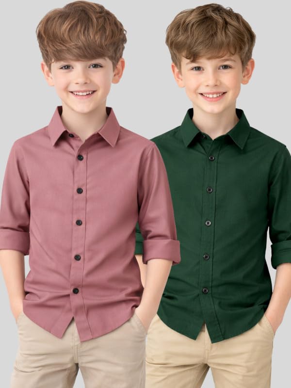 Image of YYQ Pack of 2 Boys Solid Cotton Blend Shirts - Full Sleeve Casual, Soft & Comfortable Spread Collar Shirts for Boys
