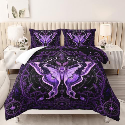 Image of AILONEN Full Comforter Set 3 Piece, Purple Moth Moon Botanical 3D Printed Bedding with 2 Pillowcases, Soft Breathable Microfiber Gothic Decor for Guest Room