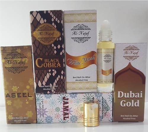 D_ubai Gold 8Ml roll ON Attar, Ase_l 8ml Roll On Attar, White Musk 8Ml Roll On Attar,J_amal 8ML Roll On Attar, Blac Cobra 8Ml Roll ON Attar. Non Alcoholic, Fabric Friendly, 8Ml Bottle Each.