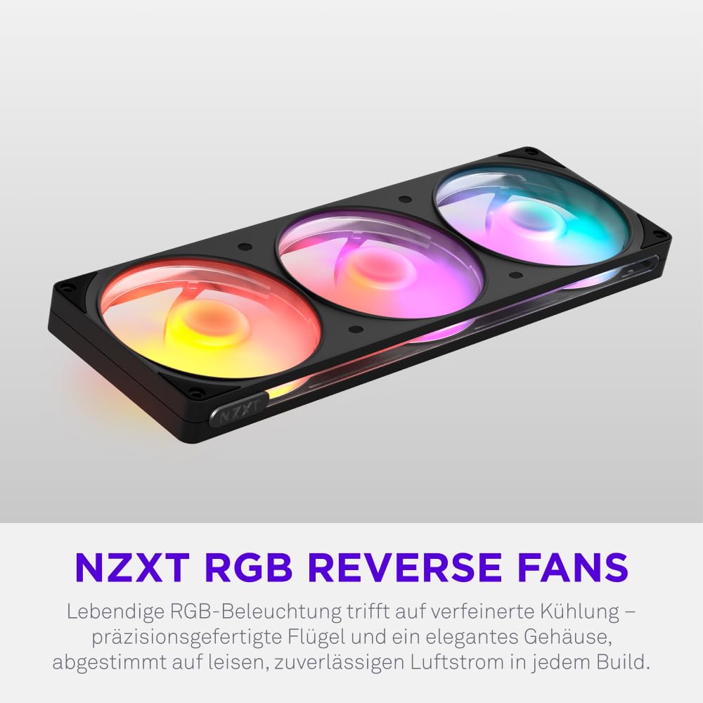 NZXT F360 RGB Reverse - 360mm single-frame Reverse Lüfter - Schwarz | 360mm single-frame Einheit mit drei 120mm Reverse-Blade PWM RGB-Lüftern. Sauberer Airflow für Show-Side-Builds.