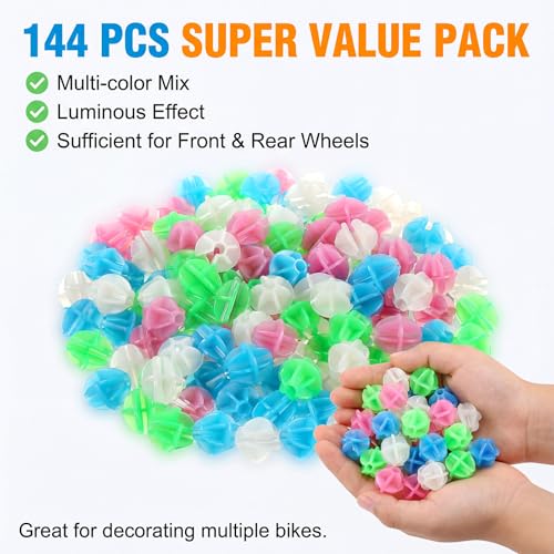 Falzqq 144 Pcs Bike Spoke Beads Glow in The Dark Bike Wheel Lights Colorful Plastic Round Easy Clip-On Spoke Beads for Kids Bicycle Wheel Decorations Bicycle Accessories - Thumbnail 3