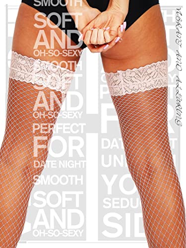 Image of HONENNA Fishnet Thigh High Stockings, 20+ Colors Silicone Lace Top Stay Up Nylons Tights for Woman, Size A-D