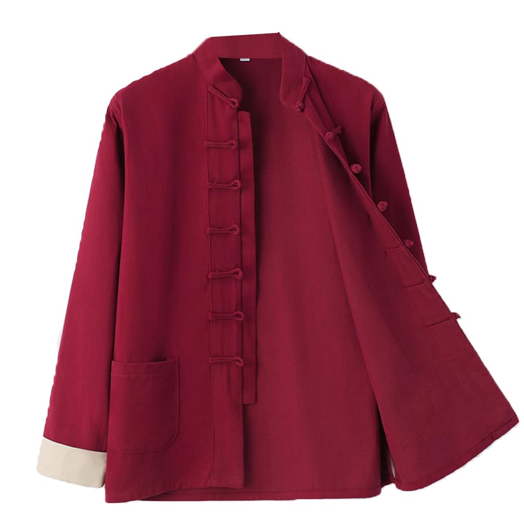 GVILTY Pure Cotton Martial Arts Kung Fu Giacca Camicia per Piumino Abiti da tangami Cinesi Tradizionali, Abiti da Kung Fu Manica Lunga Uniforme Meditazione Zen Tai Chi abit Red-M