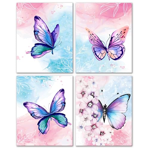 Butterfly Pictures Room Decor Set of 4, Pink and Blue Purple Butterfly Wall Art For Girls Women, Watercolor Floral Preppy Room Posters, 8x10 Inch Aesthetic Prints For Bedroom Home Dorm(A13)