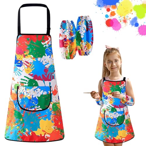 DONGSZQ Malschürze Kinder, Wasserdicht Kinder Malkittel, Bastelschürze für Kinder mit Ärmeln und Big Taschen, für 6-10 Jahre Mädchen/Junge, für Malen & Basteln Backen Kochen (color)