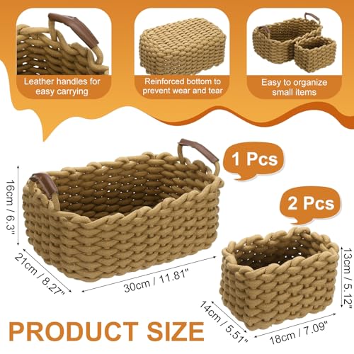 uxcell 3pcs Woven Basket Cotton Rope Storage Baskets with PU Handle Gift Chest Box for Shelf Organizing Bedroom Home Decor Nursery, Khaki (S, L) by uxcell - Image 2