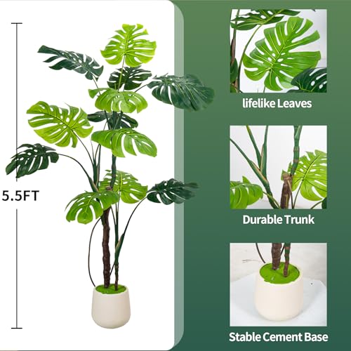 Large Artificial Monstera Deliciosa Fake Plant with White Planter, 5Ft Faux Floor Plants Fake Tropical Tree with Pot for Indoor Outdoor Office House Living Room Home Decor