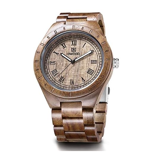 LeeEv Reloj de Madera único de Peso Ligero para Hombre, Serie Uwood Hecho a Mano de sándalo analógico de Cuarzo Vintage número Romano Reloj de Pulsera de Madera Natural
