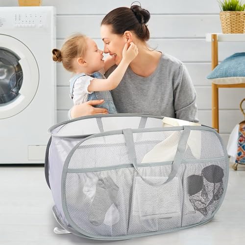 Qaestuan 2 Stück Wäschekorb, Faltbarer Wäschekorb, Laundry Basket Kommt mit Einem Griff, Aufbewahrungskorb Ausgestattet mit Seitentaschen, für Badezimmer Camping College Dorm und Reisen