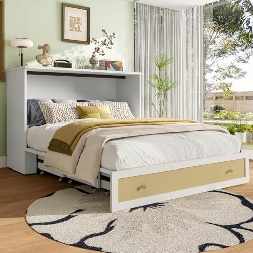 PUGSDRLY Lit escamotable 140x200cm,Lit Pliant 2 Personnes avec 1 Tiroir,d'appoint,avec Port USB et Prise électrique,Design Convertible,pour Adulte Adolescent,sans...