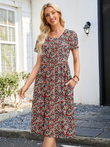 Image of Heymoments Women's Casual Short Sleeve Midi Dress Crewneck A Line Tiered Flowy Loose Travel Long Dresses with Pockets