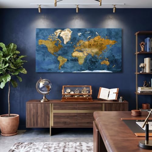 Image of World Map Wall Art for Living Room - Large Blue World Maps for Wall Decor, Framed Canvas Map Wall Art, Modern Abstract Office Wall Art, Artwork for Walls 20x40IN