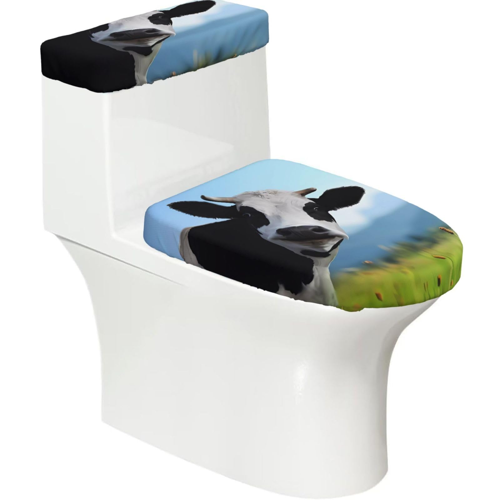 Cute Cow 2-Piece Toilet Seat Cover Set with Tank Lid - Elastic for U-Shape & Elongated - Bathroom Decor