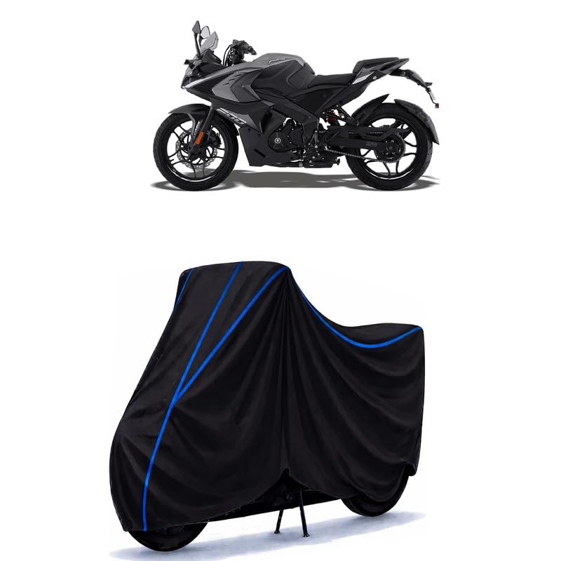 Image of BIR Water Resistant Bike Cover Compatible for Bajaj RS200 | Universal Rain Cover | UV Protection, Dust & Scratch Protection | Indoor Outdoor All Weather | Black Blue Piping