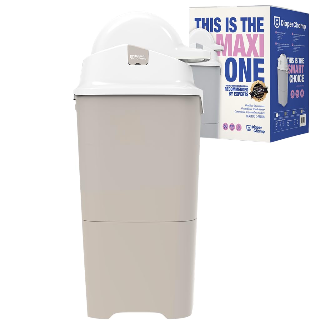 DIAPER CHAMP ONE MAXI Windeleimer - geruchsdicht - OHNE Nachfüllkassetten - funktioniert mit normalen herkömmlichen Tüten, Müllbeutel - für ca. 60 Windeln - beige, weiß