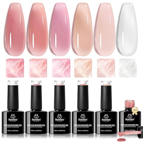 Beetles Builder Gel Set,6 Colors 7 in 1 Jelly Clear Pink Nude Builder for Nail Apex Thickening Extension Strengthen Weak Nails for Beginners DIY Salon Valentines Nails at Home,UV & LED Lamp Needed