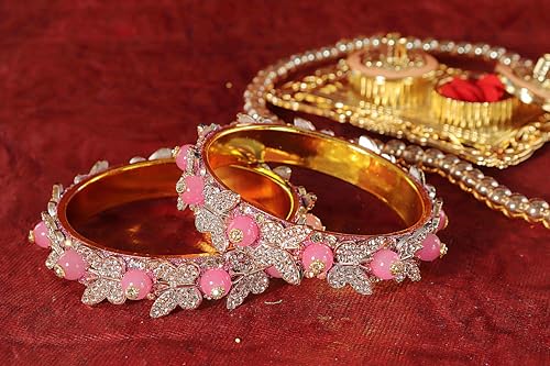 Image of LAVAZZA Stylish Butterfly Design Golden Metal with Zircon Diamond & Pearls Moti Bangles Kada For Women & Girls | Traditional Girl's Bangles Bracelet | Women's Kangan Wedding, Party-Set of 2