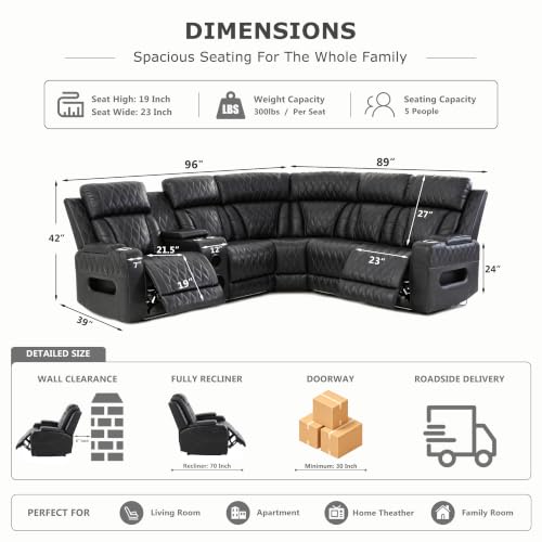 Image of Power Reclining Sectional Sofa with Cup Holders /Storage for Living Room | 5 Seat L-Shaped Recliner Couch with USB Charging / Home Theater Seating / Dark Grey Leather Furniture for House, Apartment