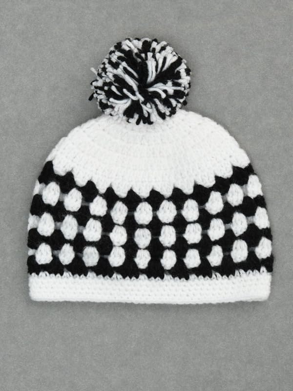Image of Handmade Knitted Self Design Woolen Beanie Cap for Kids - White & Red 6-12 M | Winter Cap for Baby | FUNCAP56-6-12 M