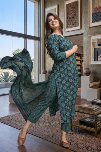 Image of Women Printed Cotton Kurta Pant Set with Dupatta | Straight Kurta Set for Women | Ethnic Wear Suit Set | 3 /4 Sleeve | Teal Green