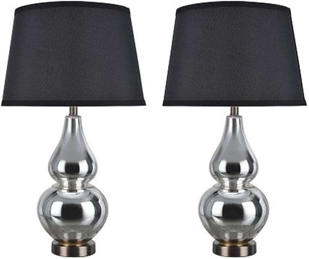 Aspen Creative 40022, Two Pack Set 26" High Modern Glass Table Lamp, Mercury with Antique Red Copper Base and Hardback Empire Shaped Lamp Shade in Black, 15" Wide