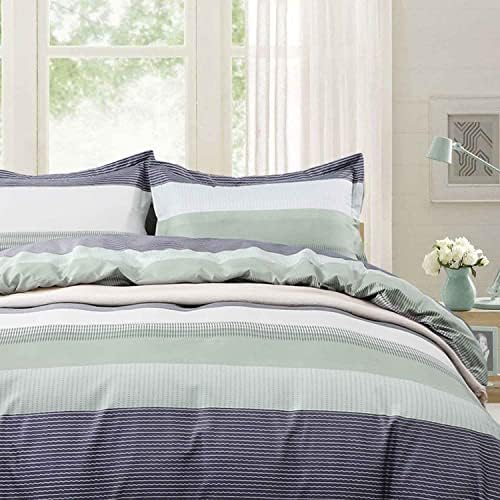 TIFFICO Queen Duvet Cover Set - 3pc Mint Green Striped Patchwork Printed Microfiber Soft Down Duvet Quilt Bedding Covers Zip Ties for Women - Country Farmhouse Pattern for Fall Winter, 90 x 90, Grey