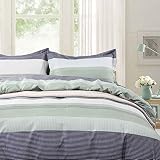 TIFFICO Queen Duvet Cover Set - 3pc Mint Green Striped Patchwork Printed Microfiber Soft Down Duvet