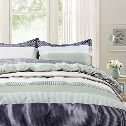 Tiffico Queen Duvet Cover Set - 3Pc Mint Green Striped Patchwork Printed Microfiber Soft Down Duvet Quilt Bedding Covers Zip Ties For Women - Country Farmhouse Pattern For Fall Winter, 90 X 90, Grey #TOP20