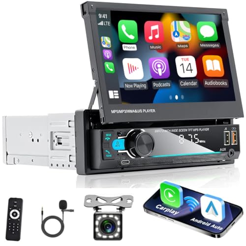 Hikity AM FM Autoradio 1 Din Wireless Carplay Android Auto, 7 Zoll Manuelle Ausfahrbarem Display Touchscreen Auto Radio mit Bluetooth 5.1 Freisprecheinrichtung Radio USB AUX Rückfahrkamera