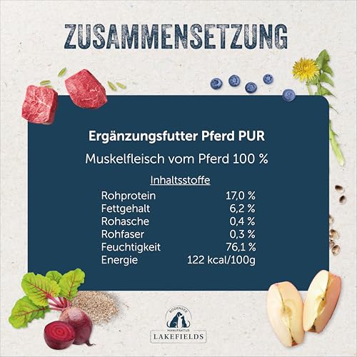 Lakefields Premium Hundefutter Nass | Pferd pur 100% | 6 x 800g | Reines Muskelfleisch | Pferdefleisch aus artgerechter Tierhaltung | Hypoallergenes Nassfutter für Hunde | Regional & Getreidefrei