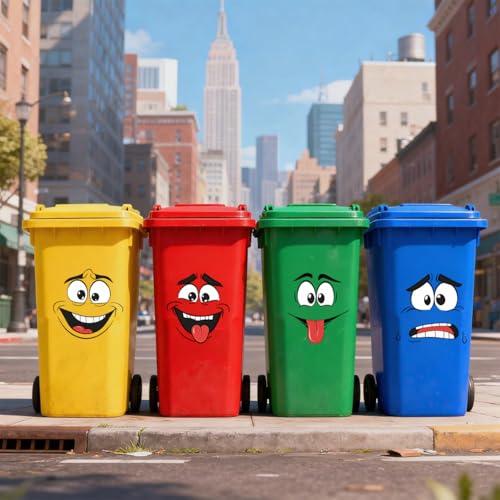 Leniutor 4pcs Wheelie Bin Stickers, Funny Expressions Dustbin Decals, Waterproof