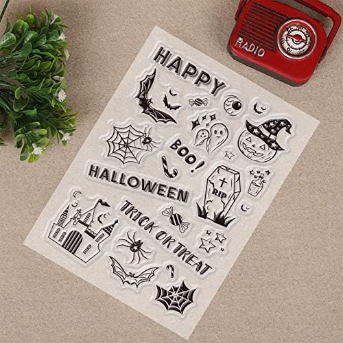 GLOBLELAND Halloween Themed Silicone Clear Stamps Pumpkin Spider Bat Ghost Grave Rubber Postage Stamp Seal for Cards Making Scrapbooking Photo Card Album Decor, 160 x 110 mm
