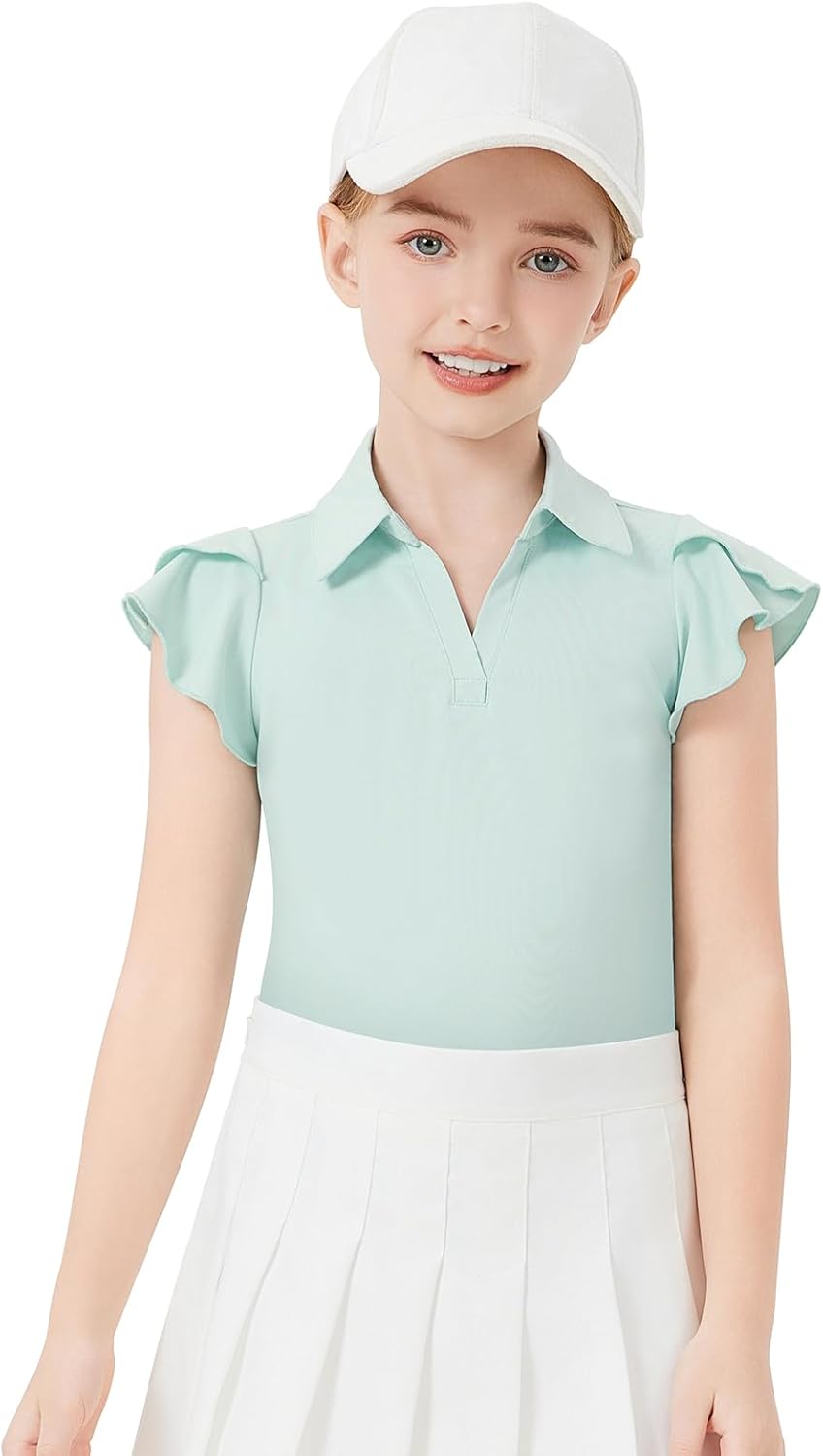 Soneven Girls Sleeveless Golf Polo Shirts V Neck Ruffle Sleeve Tennis Shirts Pickleball Golf Tank Tops for Age 4-16 Years - Image 3